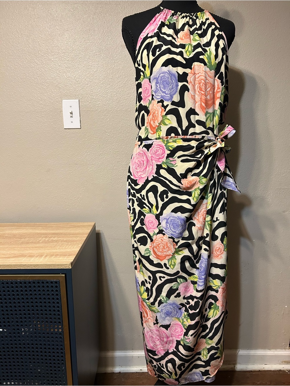 Spenser Jeremy 100% Silk Maxi Dress Size 10 Floral Zebra Halter Tie Waist Y2K